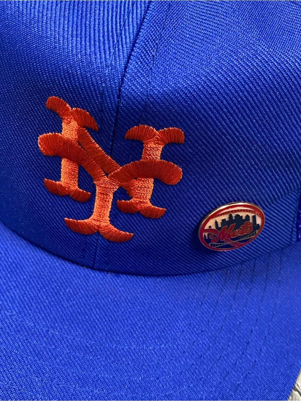 VTG 1980s New York Mets Trucker Hat Snapback Mesh Cap MLB Blue w 1985 Pin, ANNCO